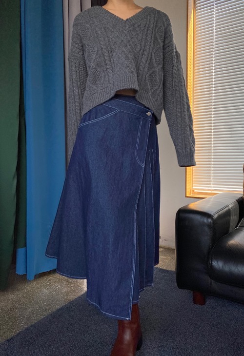 blue denim wrap skirt